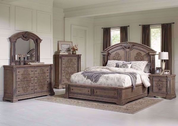 Taupe Brown Maria Bedroom Set in a Room Setting. Includes Queen Bed, Dresser With Mirror and 1 Nightstand | Home Furniture Plus Bedding