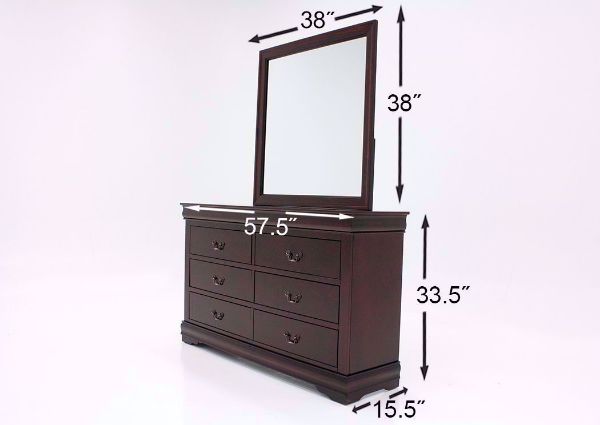 Cherry Brown Louis Philippe Bedroom Set Showing the Dresser with Mirror Dimensions | Home Furniture Plus Bedding