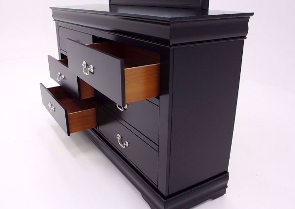 Black Louis Philippe Dresser with Mirror at an Angle Showing the Drawers Open | Home Furniture Plus Bedding