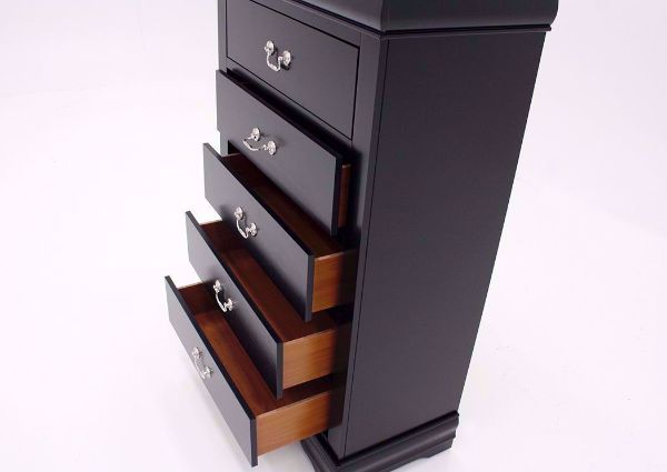 Black Louis Philippe Chest of Drawers at an Angle With the Drawers Open | Home Furniture Plus Bedding