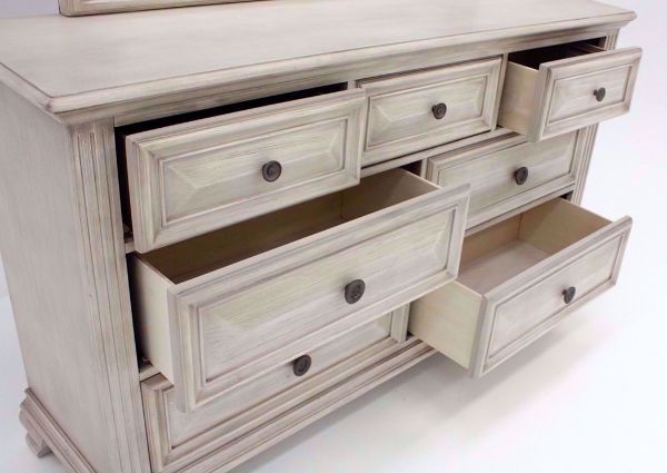 Distressed White Passages Dresser with Mirror Showing the Drawer Fronts Open | Home Furniture Plus Bedding
