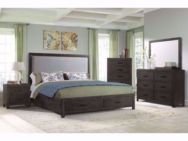 Brown and Gray Shelby Bedroom Set, in a Room Setting. Includes Queen Bed, Dresser With Mirror and 1 Nightstand | Home Furniture Plus Bedding