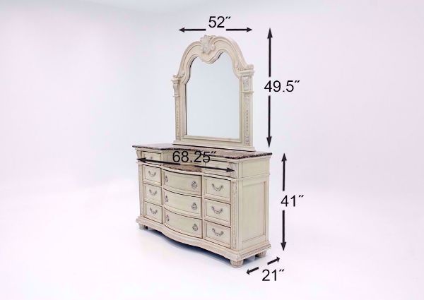 Antique White Stanley Bedroom Set Showing the Dresser with Mirror Dimensions | Home Furniture Plus Mattress