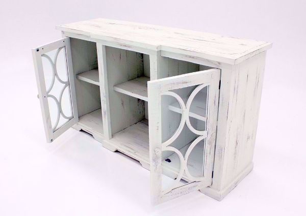 Rustic White Winston TV Stand at an Angle With the Doors Open | Home Furniture Plus Bedding