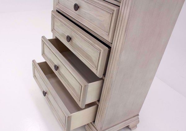 Distressed White Passages Chest of Drawers at an Angle With the Drawers Open | Home Furniture Plus Bedding