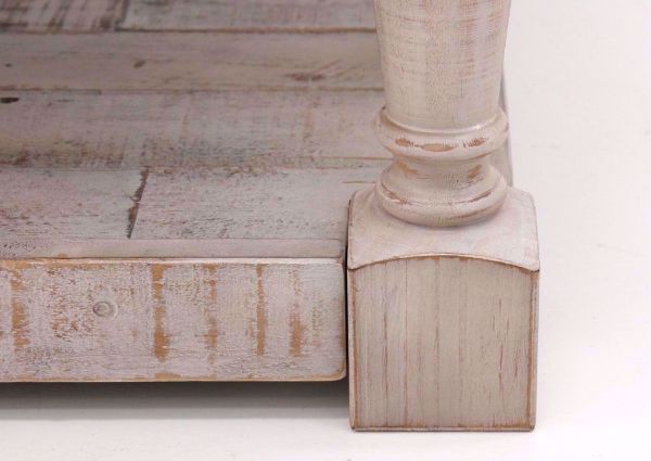 Bottom Corner Details on the White All Wood Shawnalore Coffee Table by Ashley Furniture | Home Furniture Plus Bedding