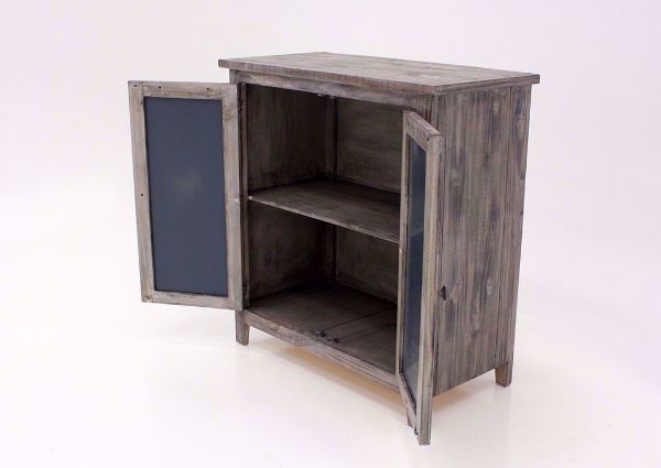 Distressed Gray Cathedral 2 Door Cabinet at an Angle with the Doors Open | Home Furniture Plus Bedding