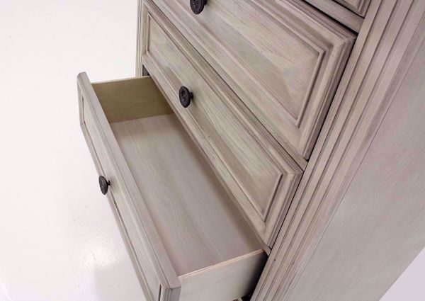 Distressed White Passages Chest of Drawers at an Angle Showing the Drawer Interior | Home Furniture Plus Bedding