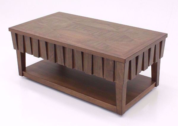 Side Angled View of Light Brown Rowenbeck Lift Top Coffee Table by Ashley Furniture | Home Furniture Plus Bedding