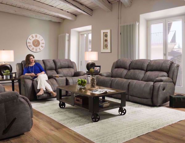Denali Reclining Sofa Set by HomeStretch covered in a Steel Gray Microfiber Upholstery. Includes Reclining Sofa, Reclining Loveseat and Recliner | Home Furniture Plus Bedding