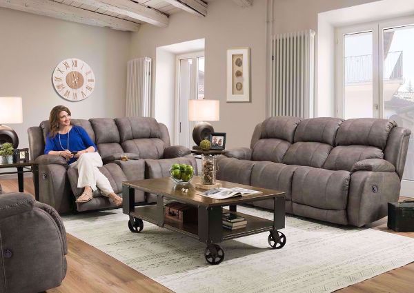 Denali Power Reclining Sofa Set by HomeStretch covered in a Steel Gray Microfiber Upholstery. Includes Reclining Sofa, Reclining Loveseat and Recliner | Home Furniture Plus Bedding