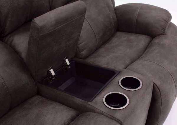 Close Up of the Center Console Storage Area and Cup Holders on the Denali Power Reclining Loveseat by HomeStretch | Home Furniture Plus Bedding