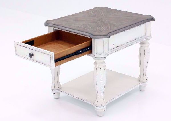 Distressed White Magnolia Manor End Table at an Angle With the Drawer Open | Home Furniture Plus Mattress