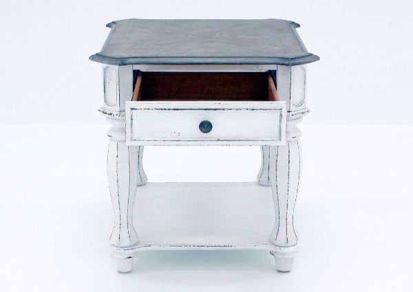 Distressed White Magnolia Manor End Table, Front Facing With the Drawer Open | Home Furniture Plus Mattress