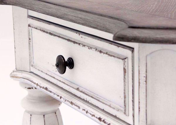 Distressed White Magnolia Manor End Table Showing the Drawer Front Detail | Home Furniture Plus Mattress