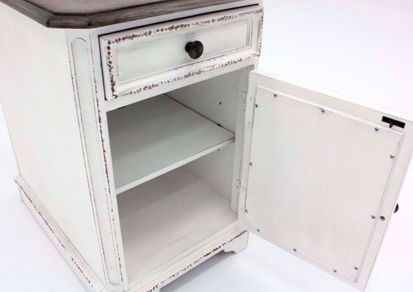 Distressed White Magnolia Manor Chairside End Table Showing the Cabinet Interior | Home Furniture Plus Mattress