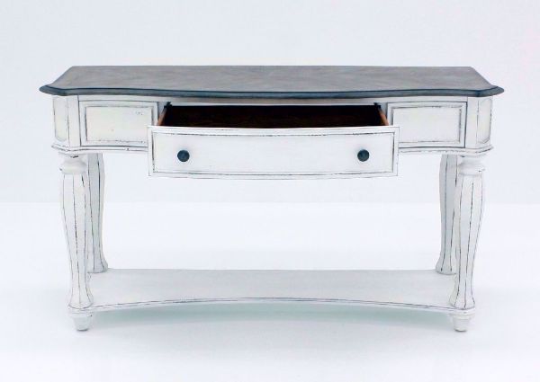 Distressed White Magnolia Manor Sofa/Console Table, Front Facing With the Drawer Open | Home Furniture Plus Mattress