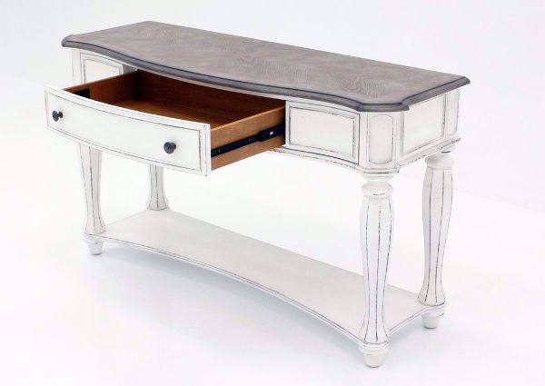 Distressed White Magnolia Manor Sofa/Console Table at an Angle with the Drawer Open | Home Furniture Plus Mattress