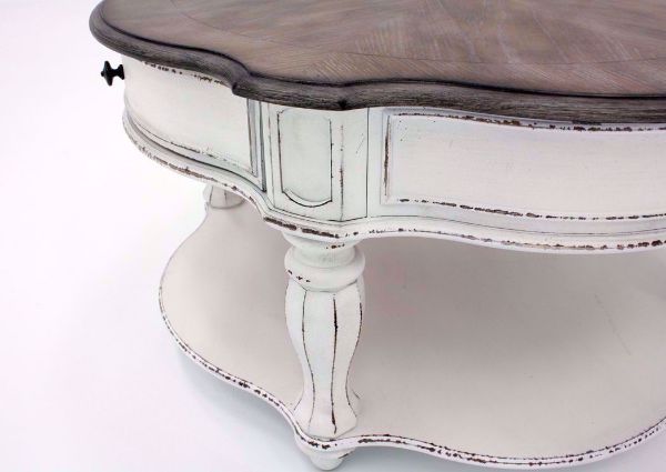 Distressed White Magnolia Manor Round Coffee Table Showing Close Up Details | Home Furniture Plus Bedding