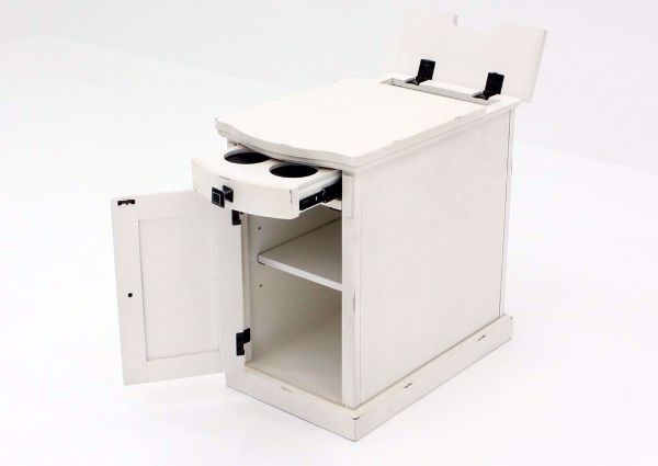 Door, Drawer and Hidden Storage Areas Open on the Laflorn Chairside End Table by Ashley Furniture with White Finish  | Home Furniture Plus Bedding
