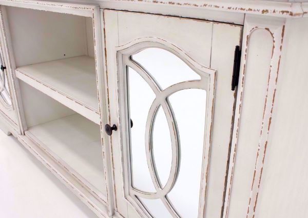 Distressed White Realyn TV Stand by Ashley Furniture Cabinet Doors with Inset Mirrors and Filigree Moldings | Home Furniture Plus Bedding