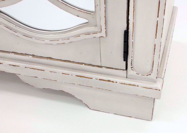 Bottom Corner Details of the Distressed White Realyn TV Stand by Ashley Furniture | Home Furniture Plus Bedding
