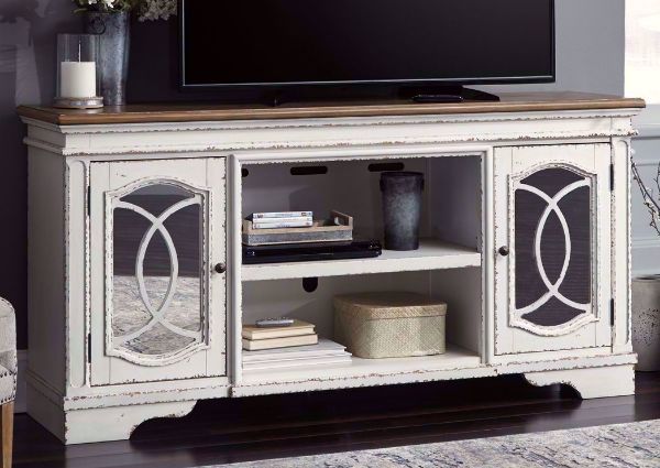 Distressed White Realyn TV Stand by Ashley Furniture in Room Setting | Home Furniture Plus Bedding