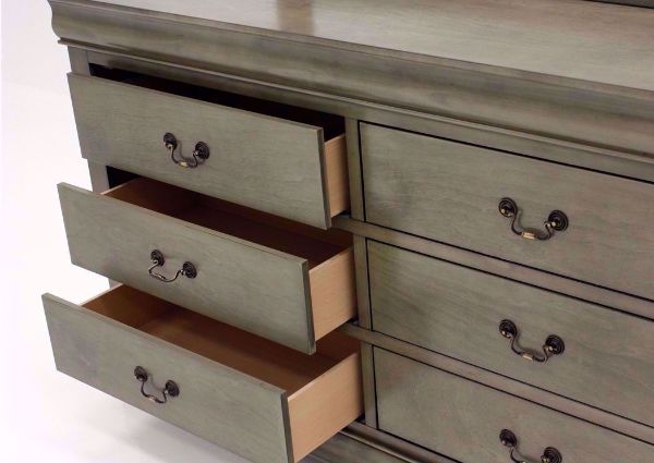 Gray Louis Philippe Dresser with Mirror Showing the Drawers Open Closer | Home Furniture Plus Bedding