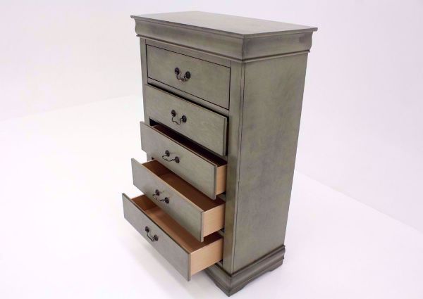 Gray Louis Philippe Chest of Drawers at an Angle With the Drawers Open | Home Furniture Plus Bedding