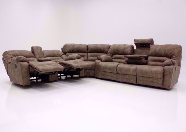 Tan Legacy Reclining Sectional Sofa, Front Facing in the Fully Reclined Position | Home Furniture Plus Bedding