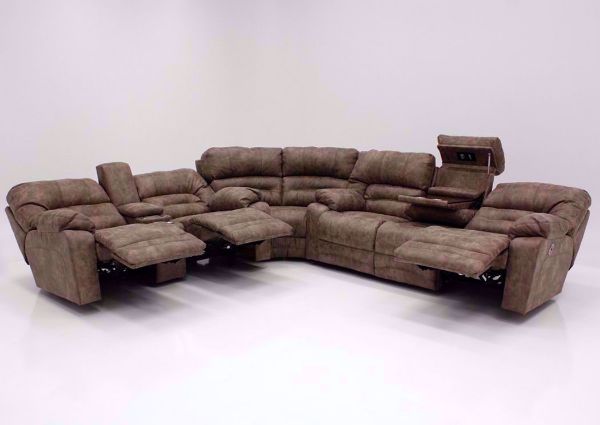 Tan Legacy POWER Reclining Sectional, Front Facing in Fully Reclined Position | Home Furniture Plus Bedding