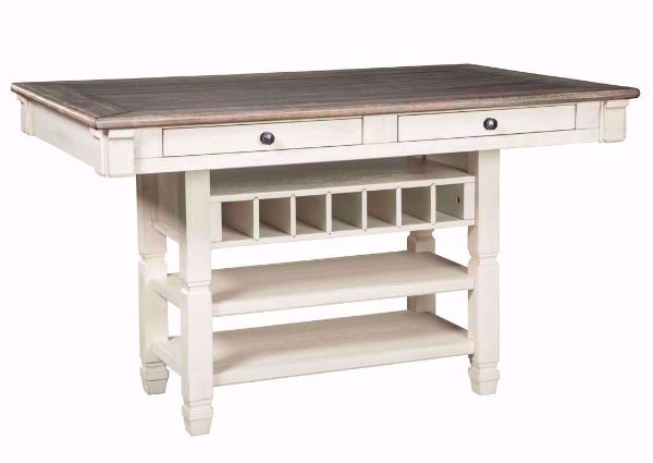 Slightly Angled View of the Antique White Bolanburg by Ashley Furniture Bar Height Table with Storage Drawers, Wine Storage and 2 Open Shelves | Home Furniture Plus Mattress