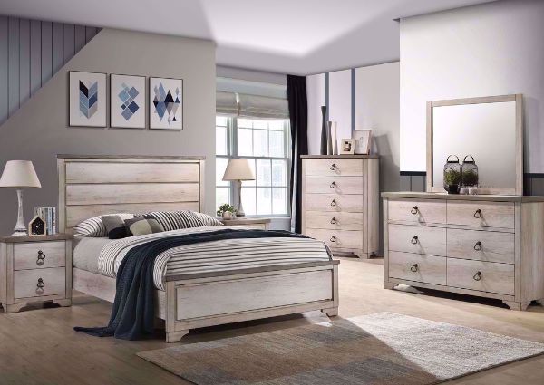 Driftwood Gray Patterson Bedroom Set in a Room Setting. Includes Queen Bed, Dresser With Mirror and 1 Nightstand | Home Furniture Plus Mattress