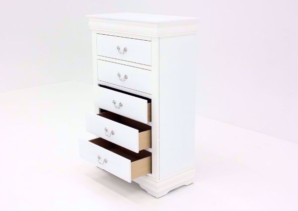 Crisp White Louis Philippe Chest of Drawers  at an Angle With the Drawers Open | Home Furniture Plus Bedding