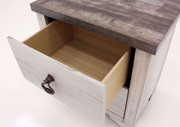 Driftwood Gray Patterson Nightstand Showing the Drawer Interior | Home Furniture Plus Mattress