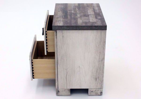 Driftwood Gray Patterson Nightstand Showing the Side View With the Drawers Open | Home Furniture Plus Mattress