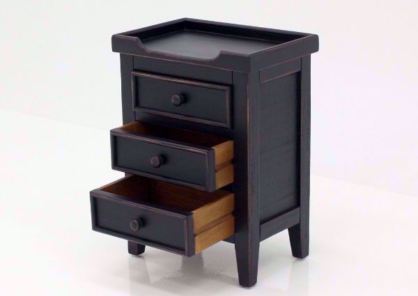 Black Chatham 3 Drawer End Table at an Angle With the Drawers Open | Home Furniture Plus Bedding