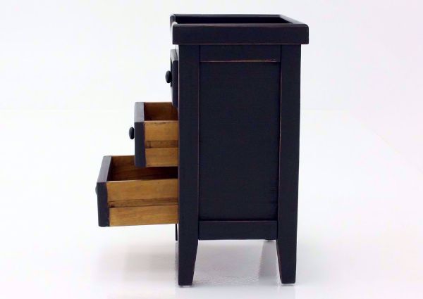 Black Chatham 3 Drawer End Table, Side View With the Drawers Open | Home Furniture Plus Bedding