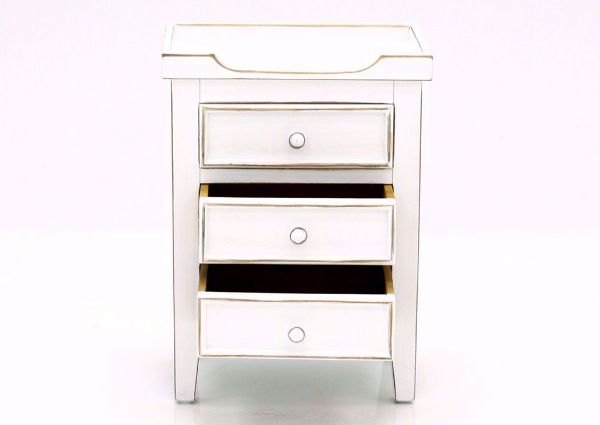 White Chatham 3 Drawer End Table, Front Facing With the Drawers Open | Home Furniture Plus Bedding