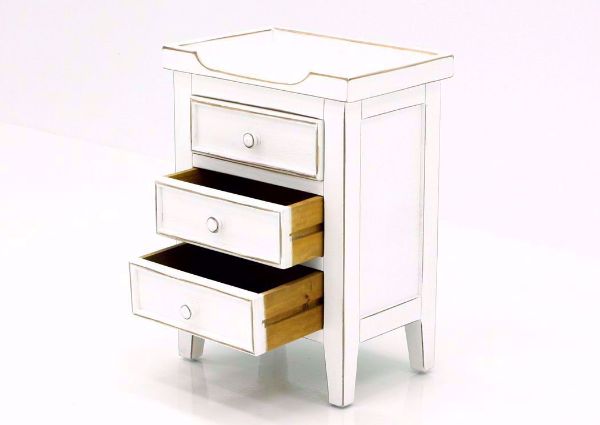 White Chatham 3 Drawer End Table at an Angle With the Drawers Open | Home Furniture Plus Bedding