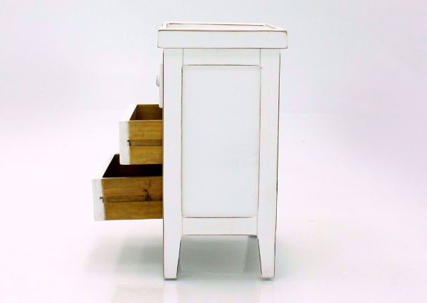 White Chatham 3 Drawer End Table Side View With the Drawers Open | Home Furniture Plus Bedding