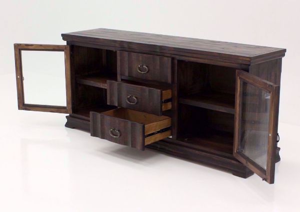 Brown Grand Rustic TV Stand 72 Inch at an Angle with the Doors and Drawers Open | Home Furniture Plus Mattress