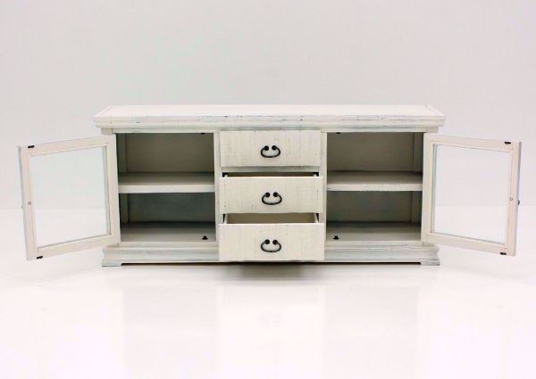 White Grand Rustic TV Stand 72 Inch Facing Front with the Doors and Drawers Open| Home Furniture Plus Mattress