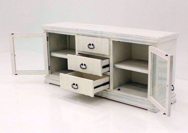 White Grand Rustic TV Stand 72 Inch at an Angle with the Doors and Drawers Open| Home Furniture Plus Mattress