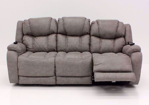 Soft Brown Daytona POWER Reclining Sofa, Front Facing with One Recliner Open | Home Furniture Plus Bedding