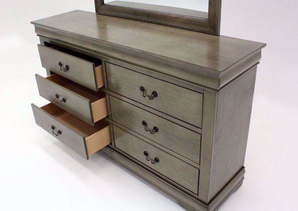 Gray Louis Philippe Dresser with Mirror Showing the Open Drawers at an Angle | Home Furniture Plus Bedding