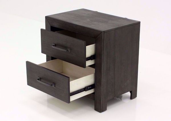 Dark Brown Shelby Nightstand at an Angle With the Drawers Open | Home Furniture Plus Mattress