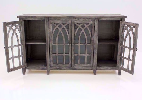 Distresssed Gray Cathedral 4 Door Cabinet Facing Front With the Two Doors Open | Home Furniture Plus Bedding