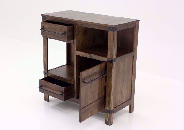 Rustic Brown Roybeck Accent Cabinet at an Angle With the Drawers and Door Open | Home Furniture Plus Bedding