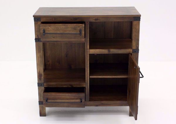 Rustic Brown Roybeck Accent Cabinet Facing Front With the Drawers and Door Open | Home Furniture Plus Bedding